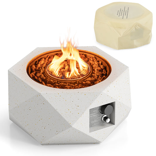 28 Inch Hexagon Terrazzo Propane Fire Pit Table, 40000 BTU, White Fire Pit Tables White at Gallery Canada