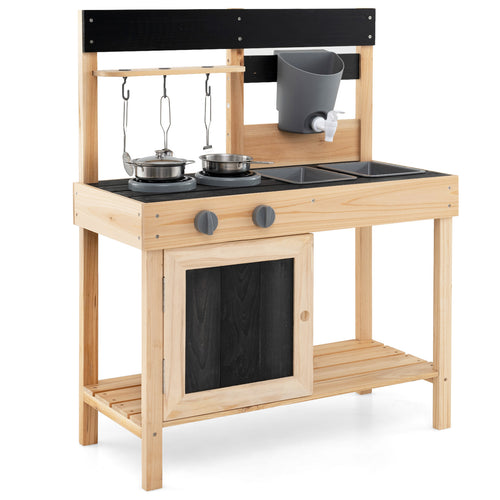 Mud Kitchen Playset Kids Play Kitchen Outdoor with 2 Removable Sinks, Natural