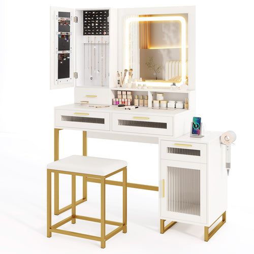 Makeup Vanity Desk Dressing Table and Stool Set with Lighted Mirror, White