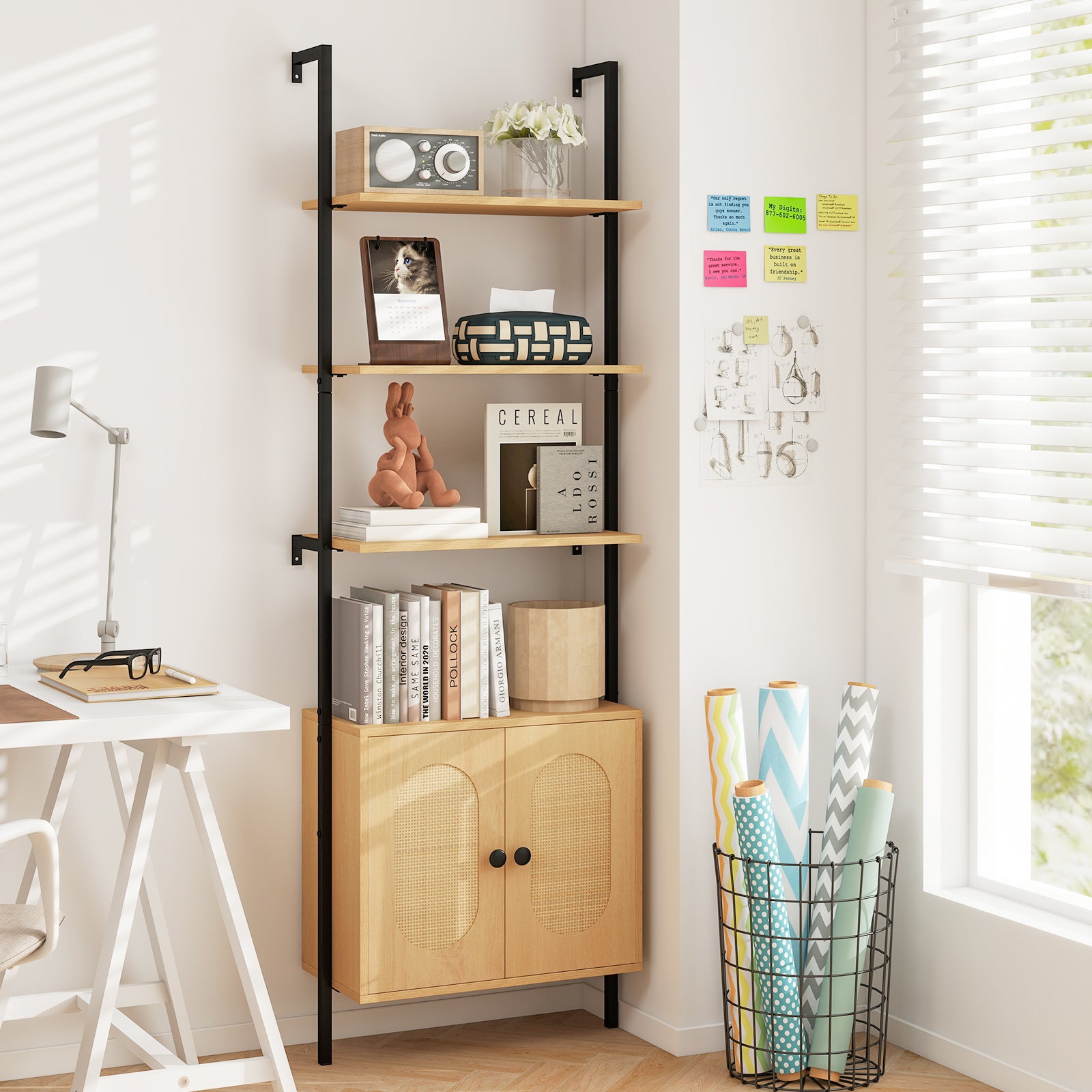 72.5 Inch 6-Tier Wall Mounted Ladder Bookshelf with Rattan Cabinet, Natural Bookcases at Gallery Canada