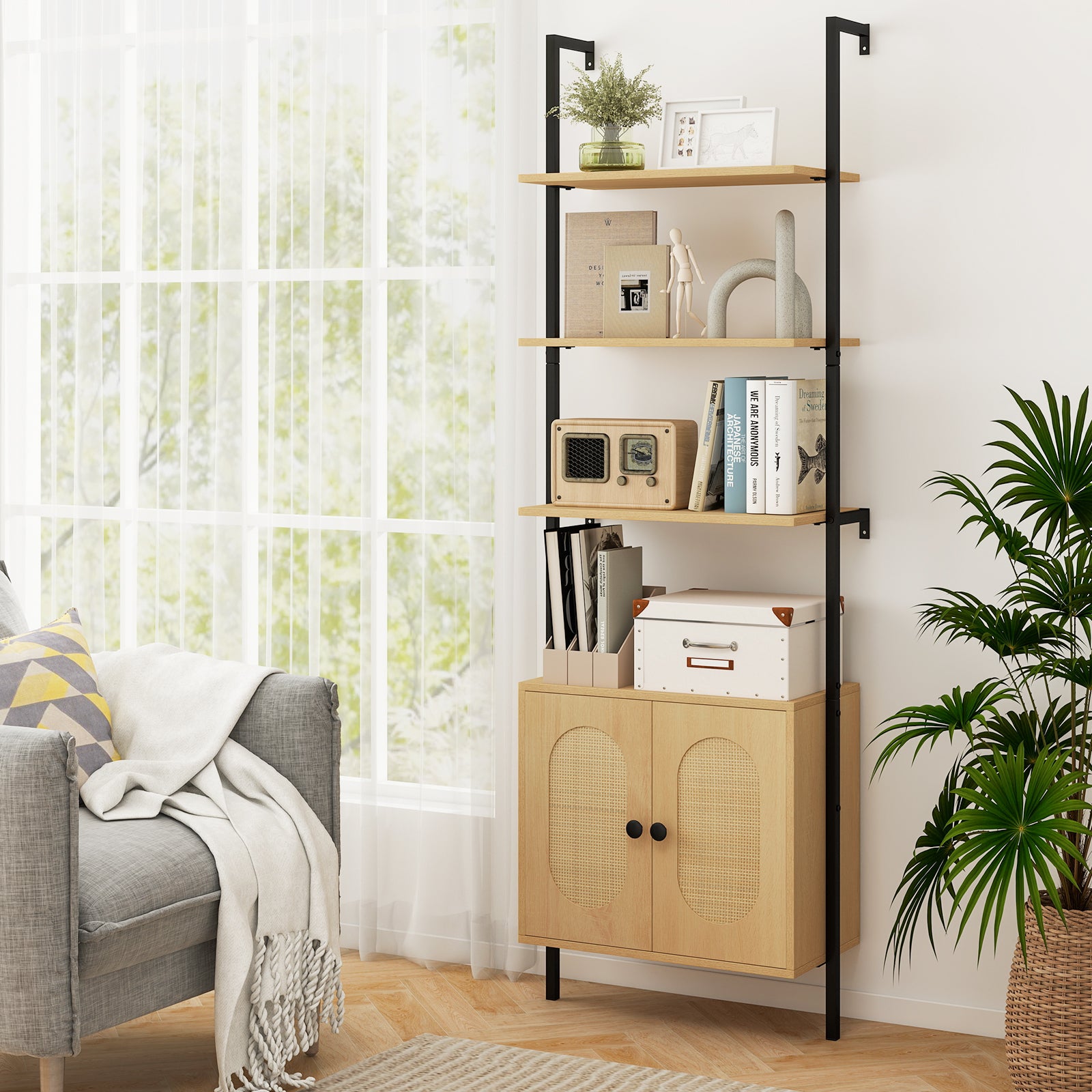 72.5 Inch 6-Tier Wall Mounted Ladder Bookshelf with Rattan Cabinet, Natural Bookcases at Gallery Canada