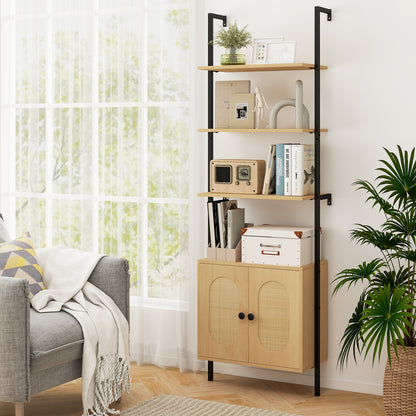 72.5 Inch 6-Tier Wall Mounted Ladder Bookshelf with Rattan Cabinet, Natural Bookcases at Gallery Canada