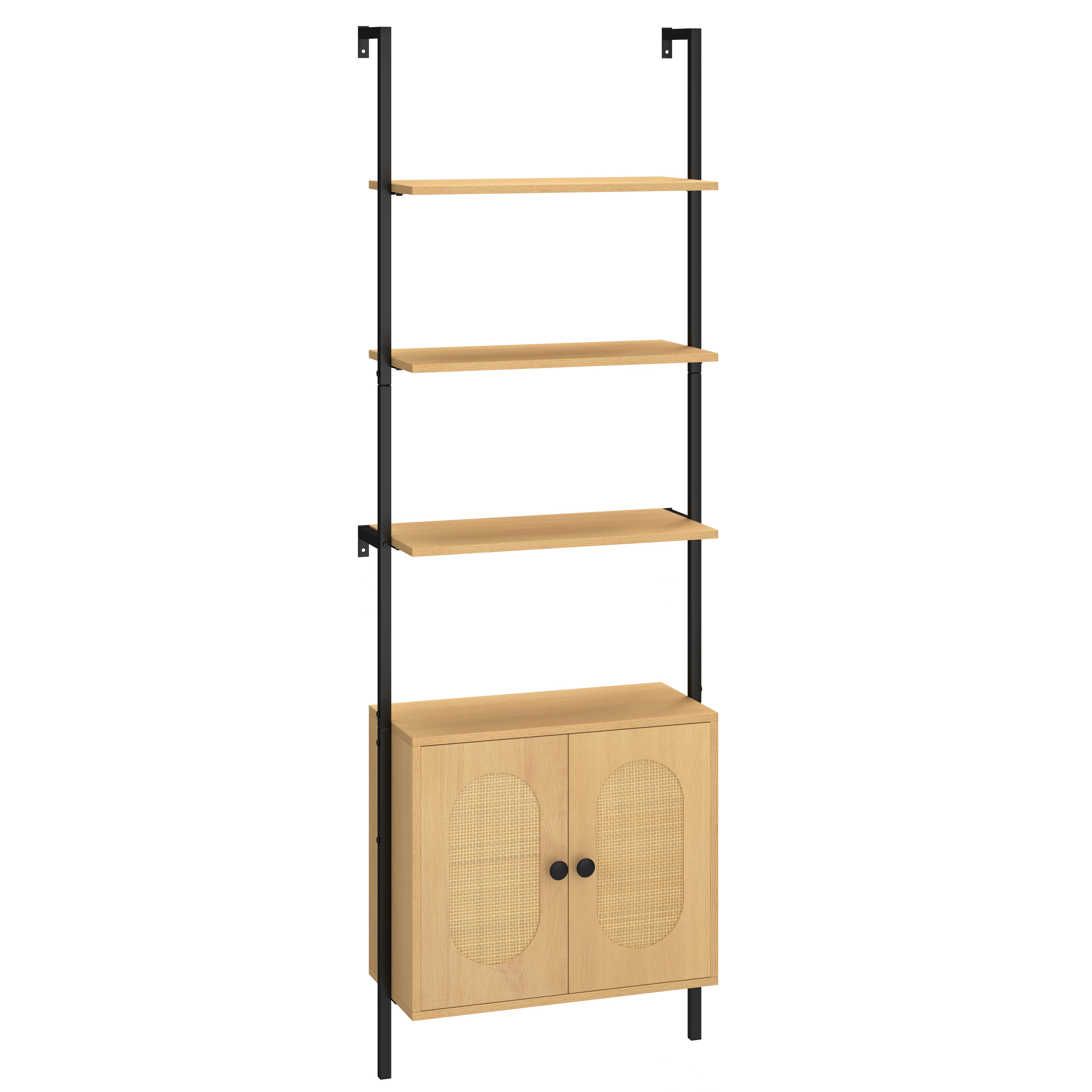 72.5 Inch 6-Tier Wall Mounted Ladder Bookshelf with Rattan Cabinet, Natural Bookcases Natural at Gallery Canada
