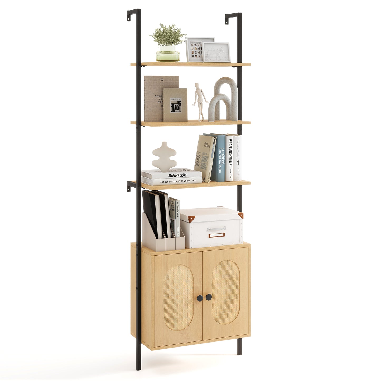 72.5 Inch 6-Tier Wall Mounted Ladder Bookshelf with Rattan Cabinet, Natural Bookcases at Gallery Canada