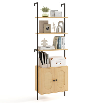 72.5 Inch 6-Tier Wall Mounted Ladder Bookshelf with Rattan Cabinet, Natural Bookcases at Gallery Canada