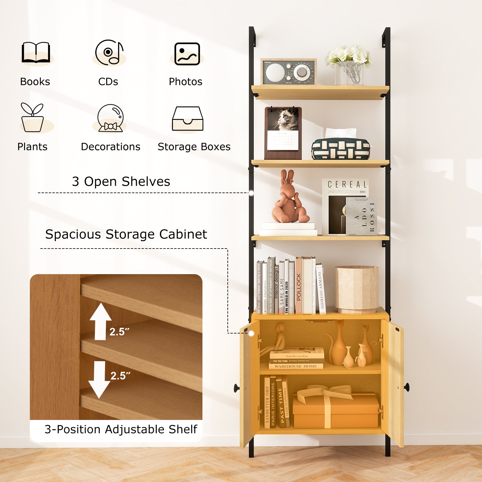 72.5 Inch 6-Tier Wall Mounted Ladder Bookshelf with Rattan Cabinet, Natural Bookcases at Gallery Canada
