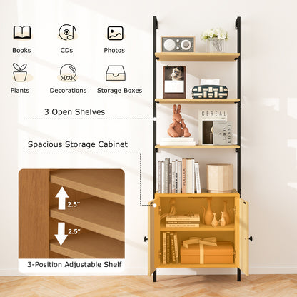 72.5 Inch 6-Tier Wall Mounted Ladder Bookshelf with Rattan Cabinet, Natural Bookcases at Gallery Canada
