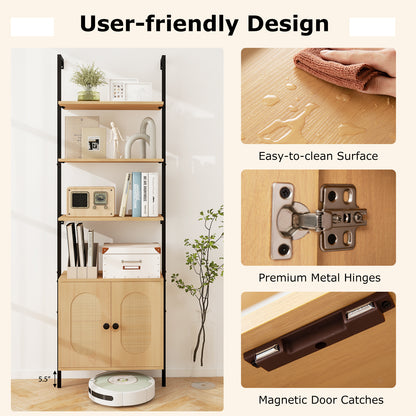 72.5 Inch 6-Tier Wall Mounted Ladder Bookshelf with Rattan Cabinet, Natural Bookcases at Gallery Canada