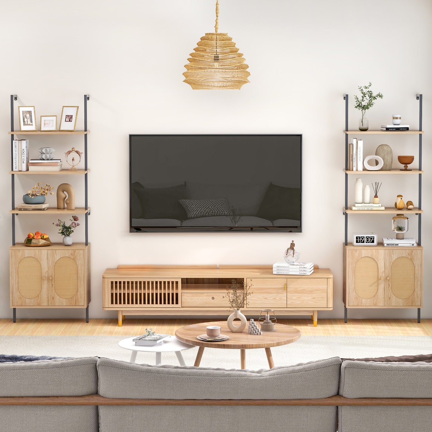 72.5 Inch 6-Tier Wall Mounted Ladder Bookshelf with Rattan Cabinet, Natural Bookcases at Gallery Canada