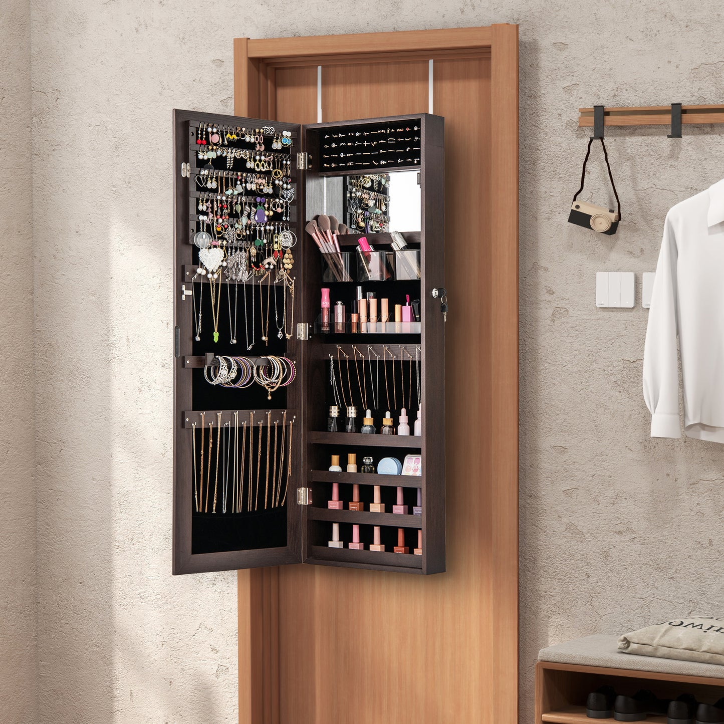 43.5 Inch Jewelry Mirror Cabinet, Full Length Mirror, Adjustable Hangers, Dark Brown Jewelry Armoires at Gallery Canada