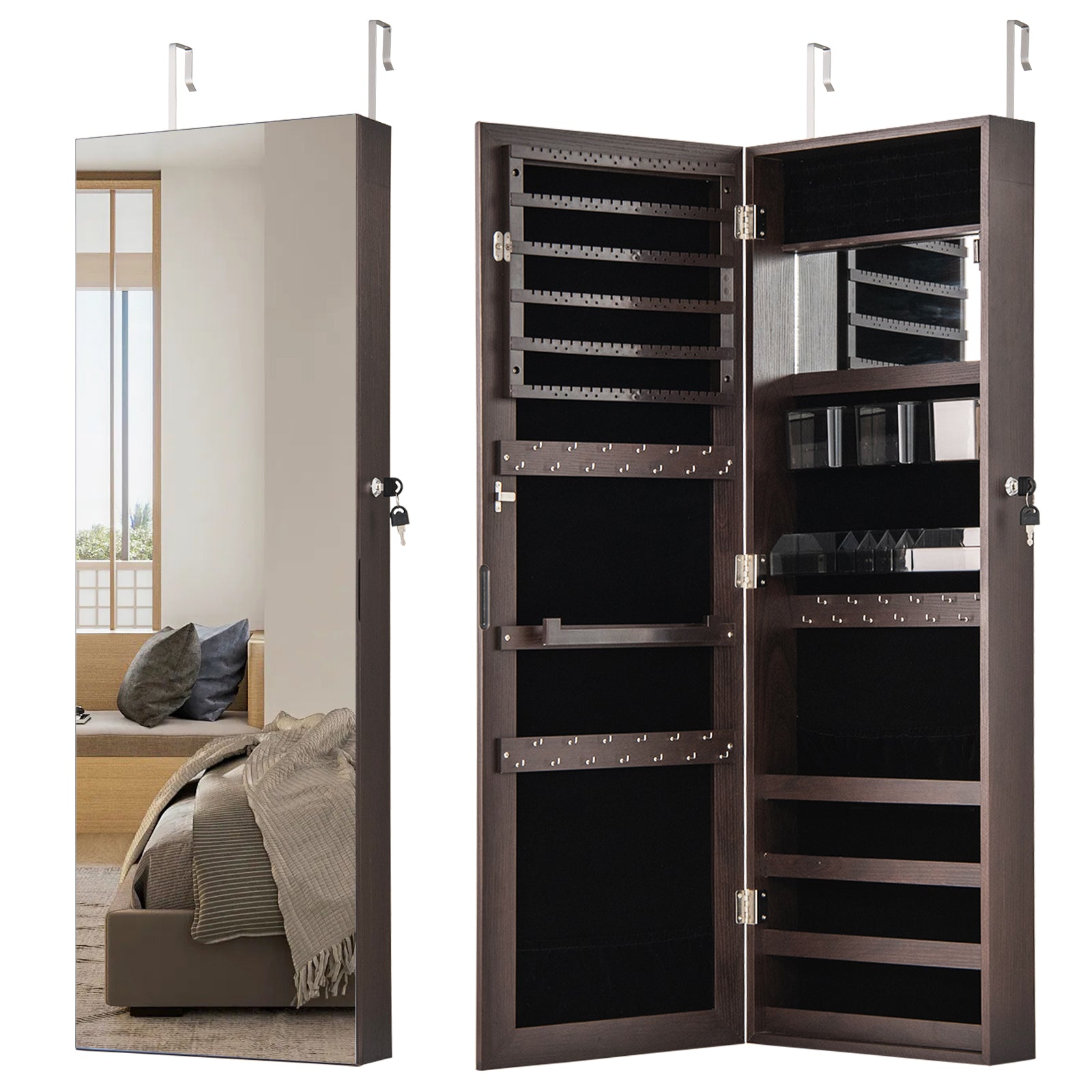43.5 Inch Jewelry Mirror Cabinet, Full Length Mirror, Adjustable Hangers, Dark Brown Jewelry Armoires Dark Brown at Gallery Canada