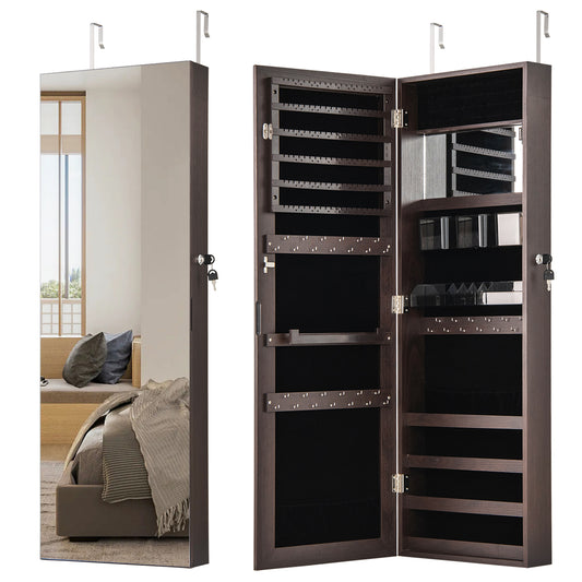 43.5 Inch Jewelry Mirror Cabinet, Full Length Mirror, Adjustable Hangers, Dark Brown Jewelry Armoires Dark Brown at Gallery Canada