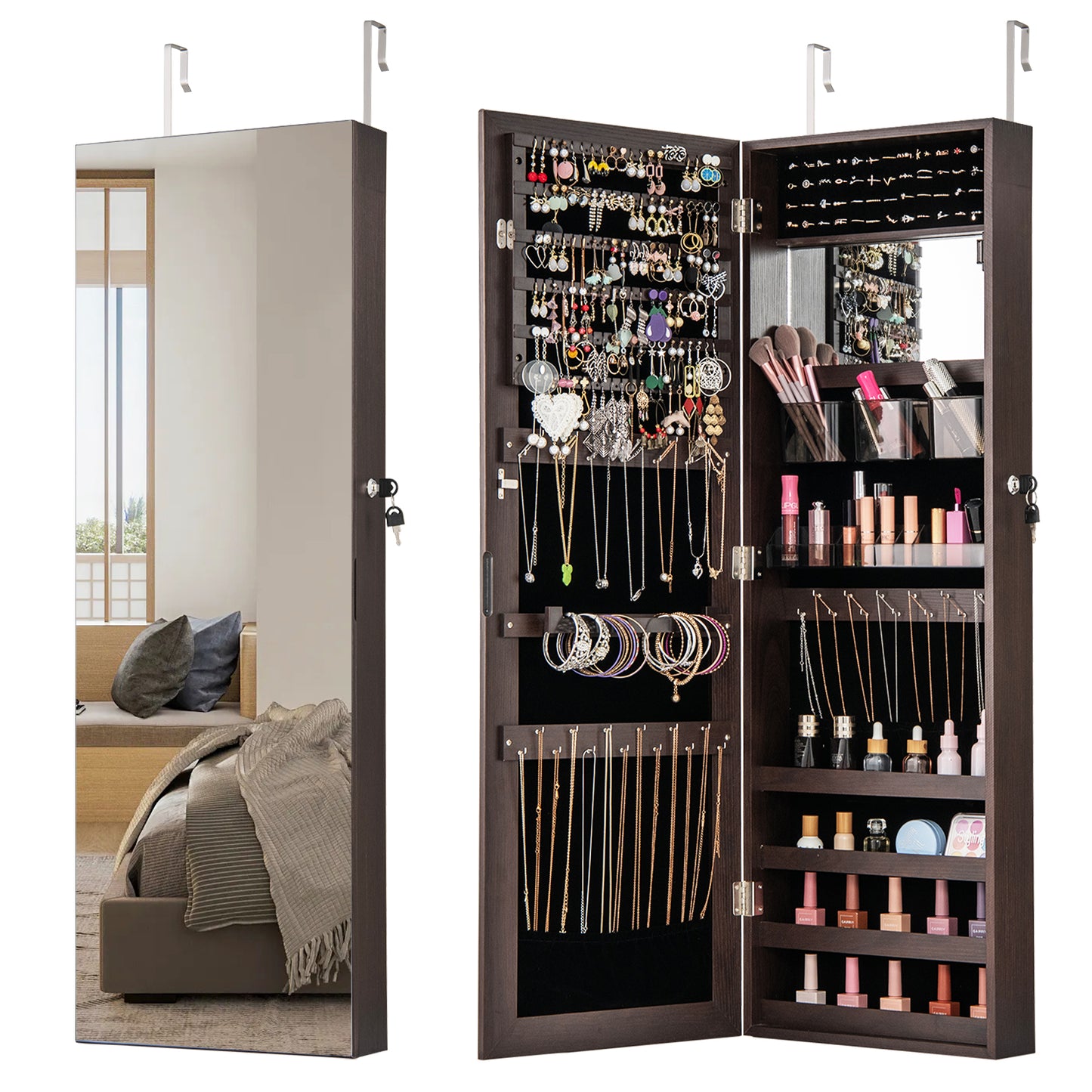 43.5 Inch Jewelry Mirror Cabinet, Full Length Mirror, Adjustable Hangers, Dark Brown Jewelry Armoires at Gallery Canada