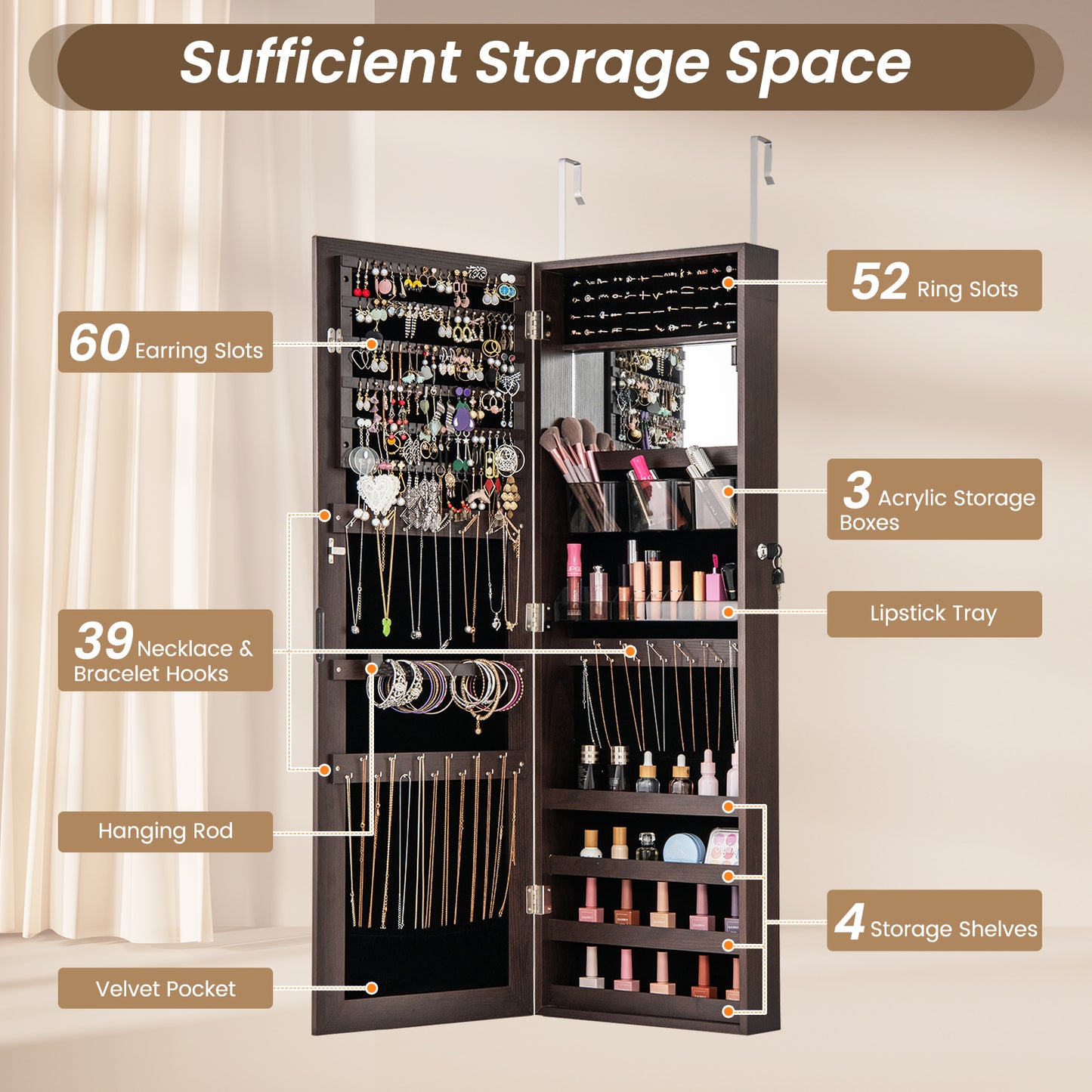 43.5 Inch Jewelry Mirror Cabinet, Full Length Mirror, Adjustable Hangers, Dark Brown Jewelry Armoires at Gallery Canada