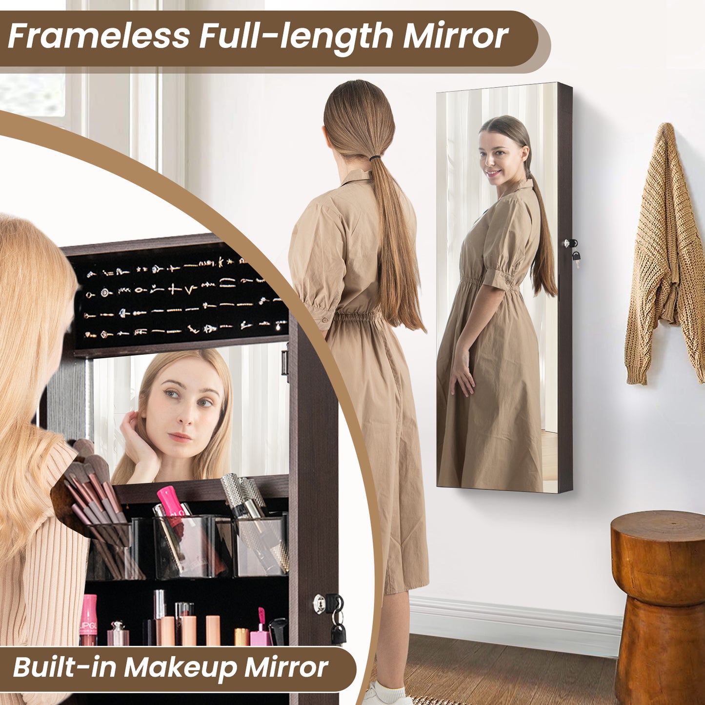 43.5 Inch Jewelry Mirror Cabinet, Full Length Mirror, Adjustable Hangers, Dark Brown Jewelry Armoires at Gallery Canada