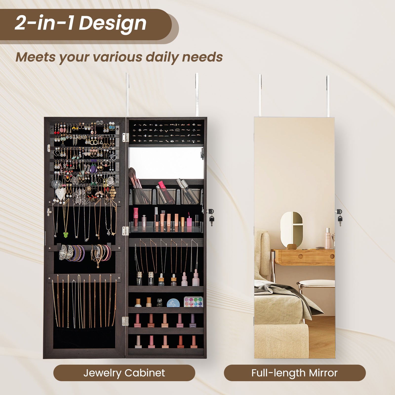 43.5 Inch Jewelry Mirror Cabinet, Full Length Mirror, Adjustable Hangers, Dark Brown Jewelry Armoires at Gallery Canada