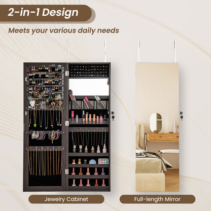 43.5 Inch Jewelry Mirror Cabinet, Full Length Mirror, Adjustable Hangers, Dark Brown Jewelry Armoires at Gallery Canada