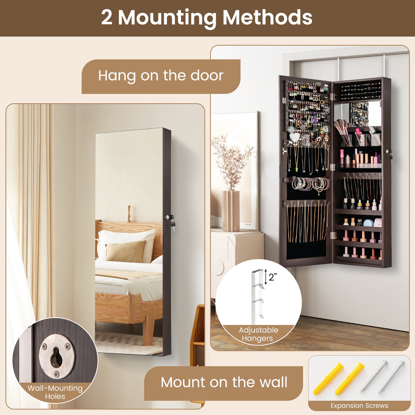 43.5 Inch Jewelry Mirror Cabinet, Full Length Mirror, Adjustable Hangers, Dark Brown Jewelry Armoires at Gallery Canada