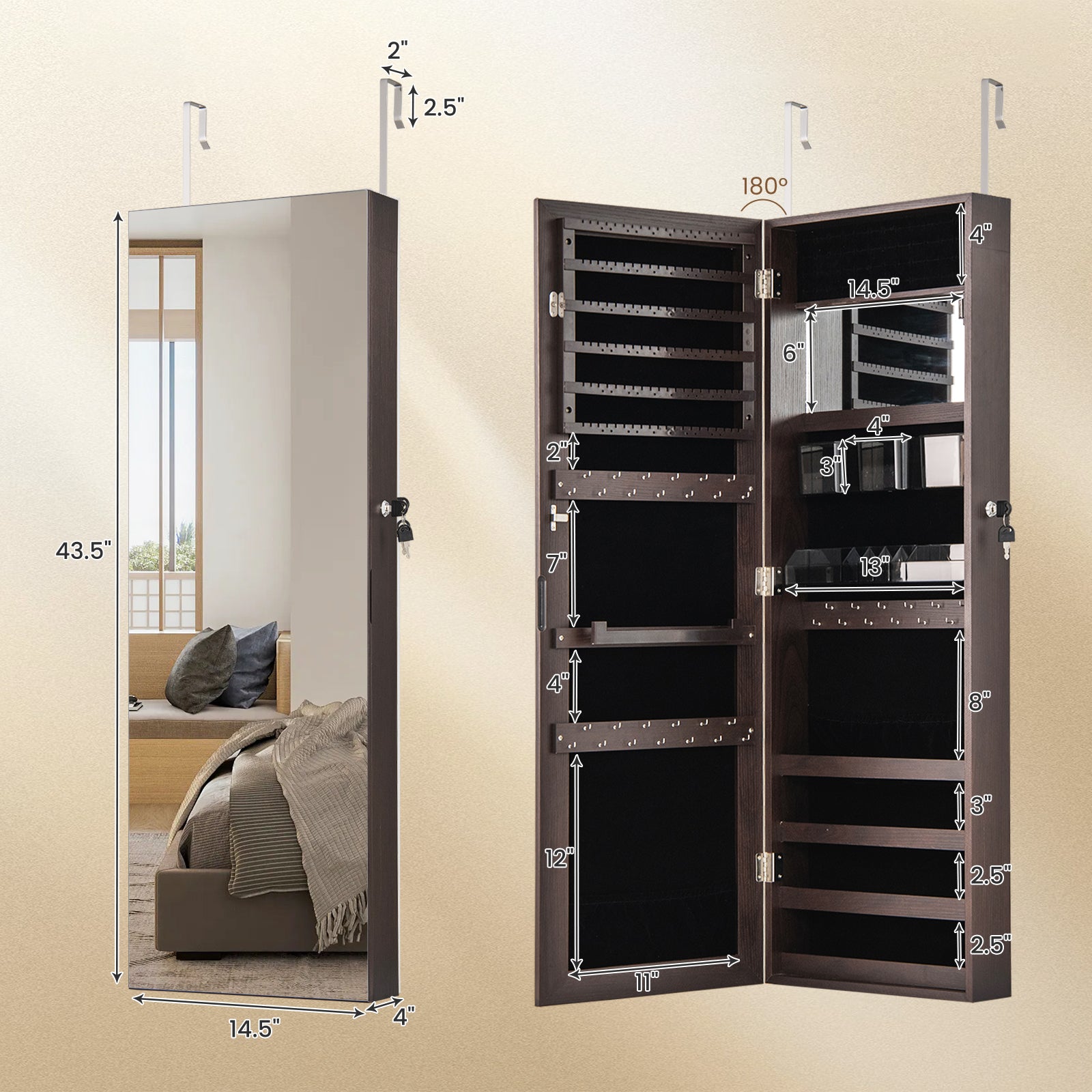 43.5 Inch Jewelry Mirror Cabinet, Full Length Mirror, Adjustable Hangers, Dark Brown Jewelry Armoires at Gallery Canada