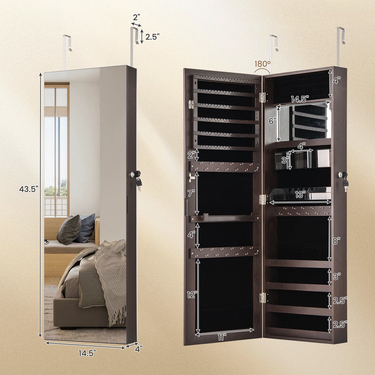 43.5 Inch Jewelry Mirror Cabinet, Full Length Mirror, Adjustable Hangers, Dark Brown Jewelry Armoires at Gallery Canada
