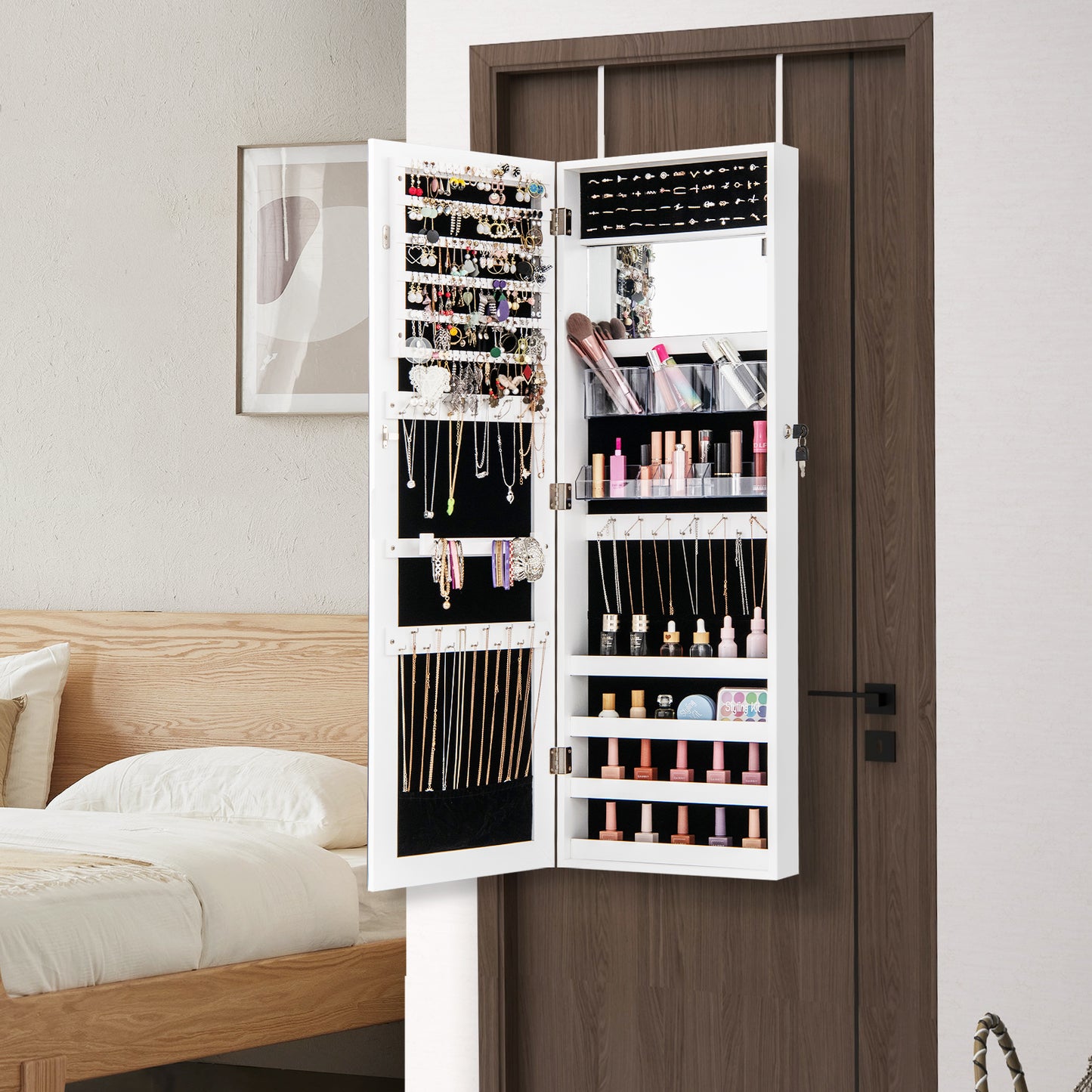 43.5 Inch Jewelry Mirror Cabinet, Full-Length Mirror, Adjustable Hangers, White Jewelry Armoires at Gallery Canada