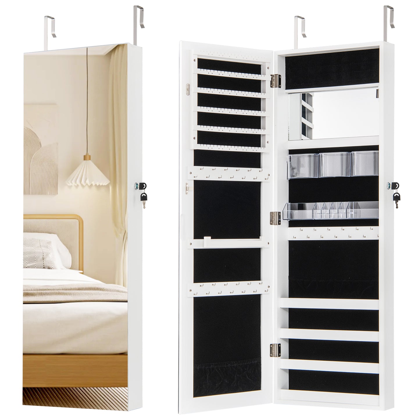 43.5 Inch Jewelry Mirror Cabinet, Full-Length Mirror, Adjustable Hangers, White Jewelry Armoires at Gallery Canada