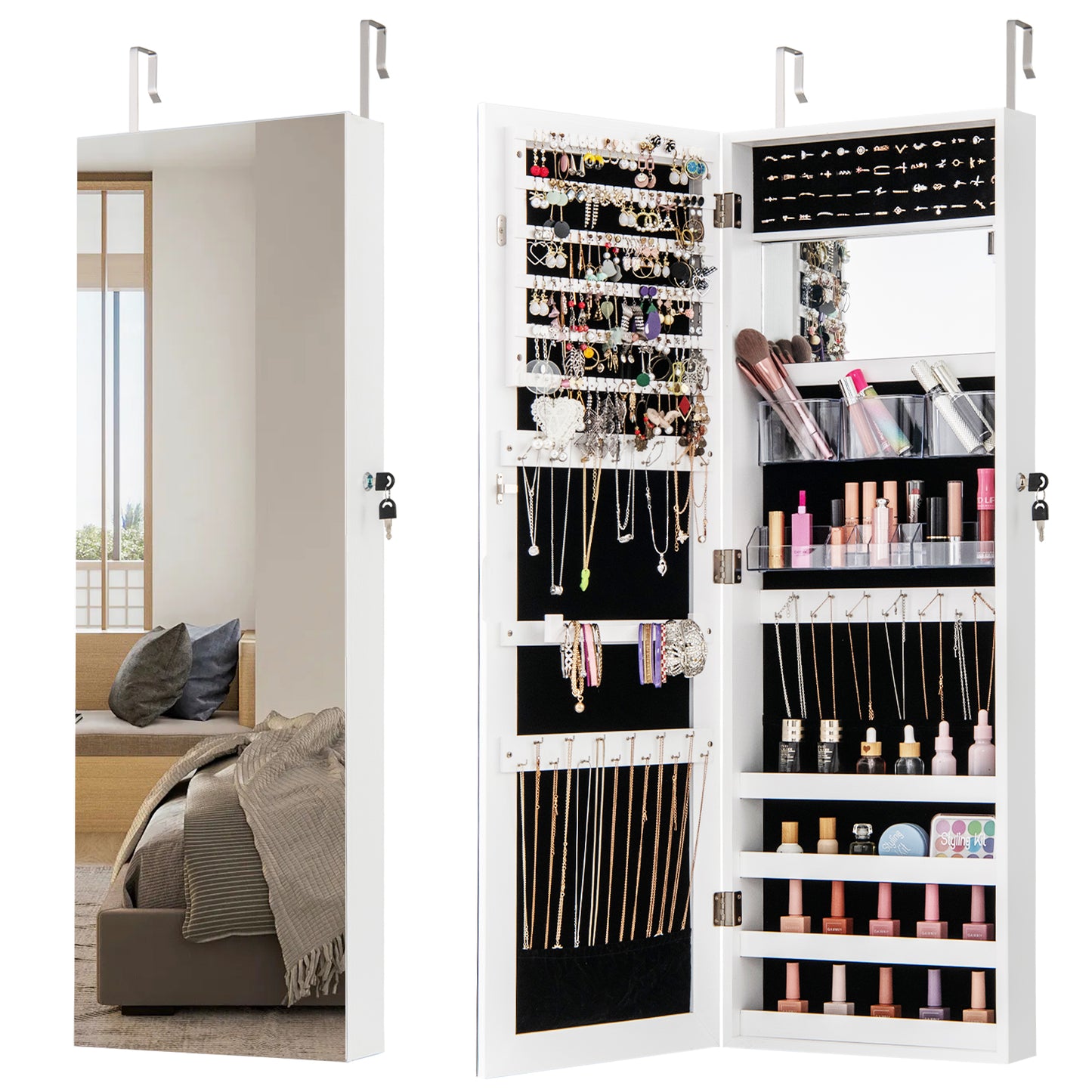 43.5 Inch Jewelry Mirror Cabinet, Full-Length Mirror, Adjustable Hangers, White Jewelry Armoires at Gallery Canada