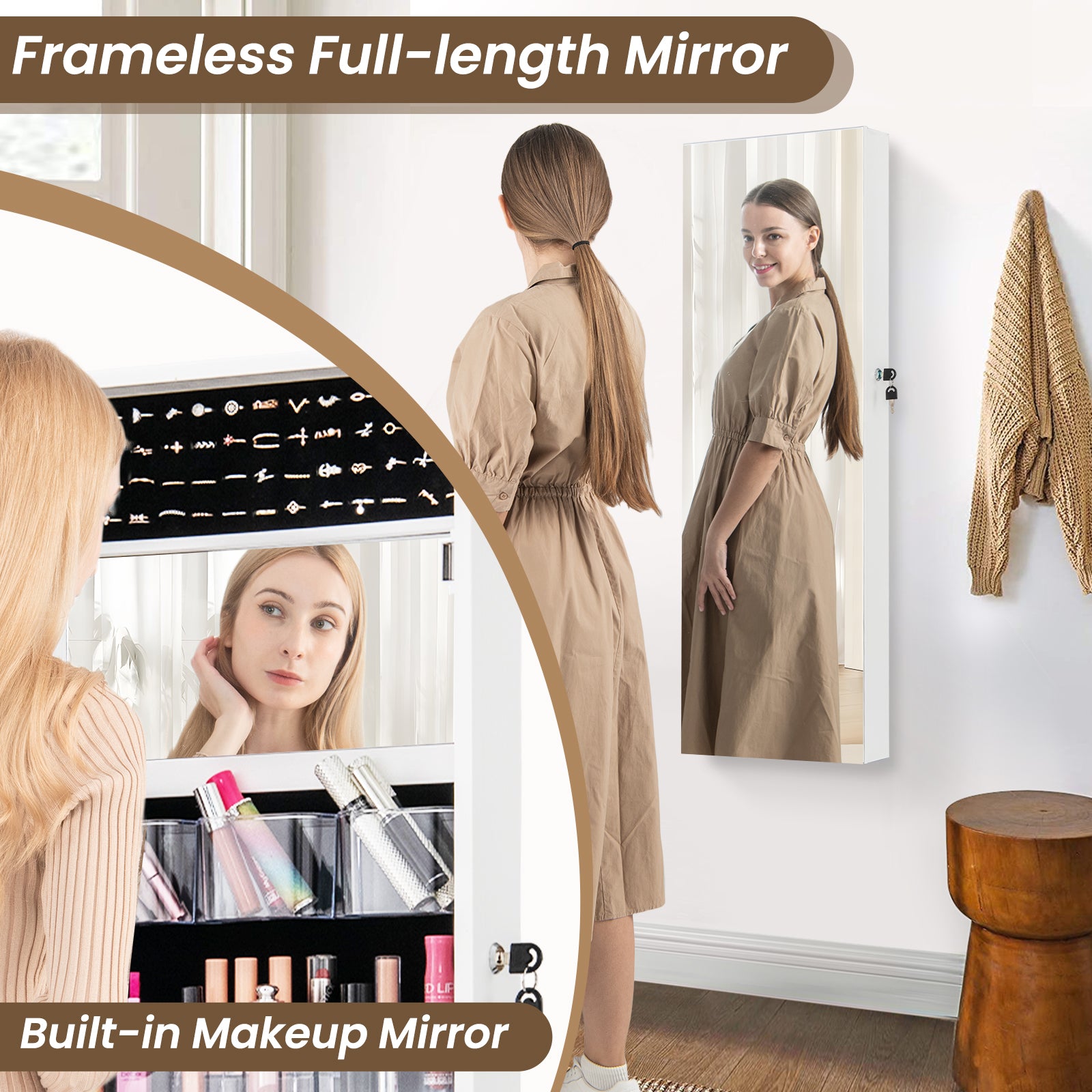 43.5 Inch Jewelry Mirror Cabinet, Full-Length Mirror, Adjustable Hangers, White Jewelry Armoires at Gallery Canada