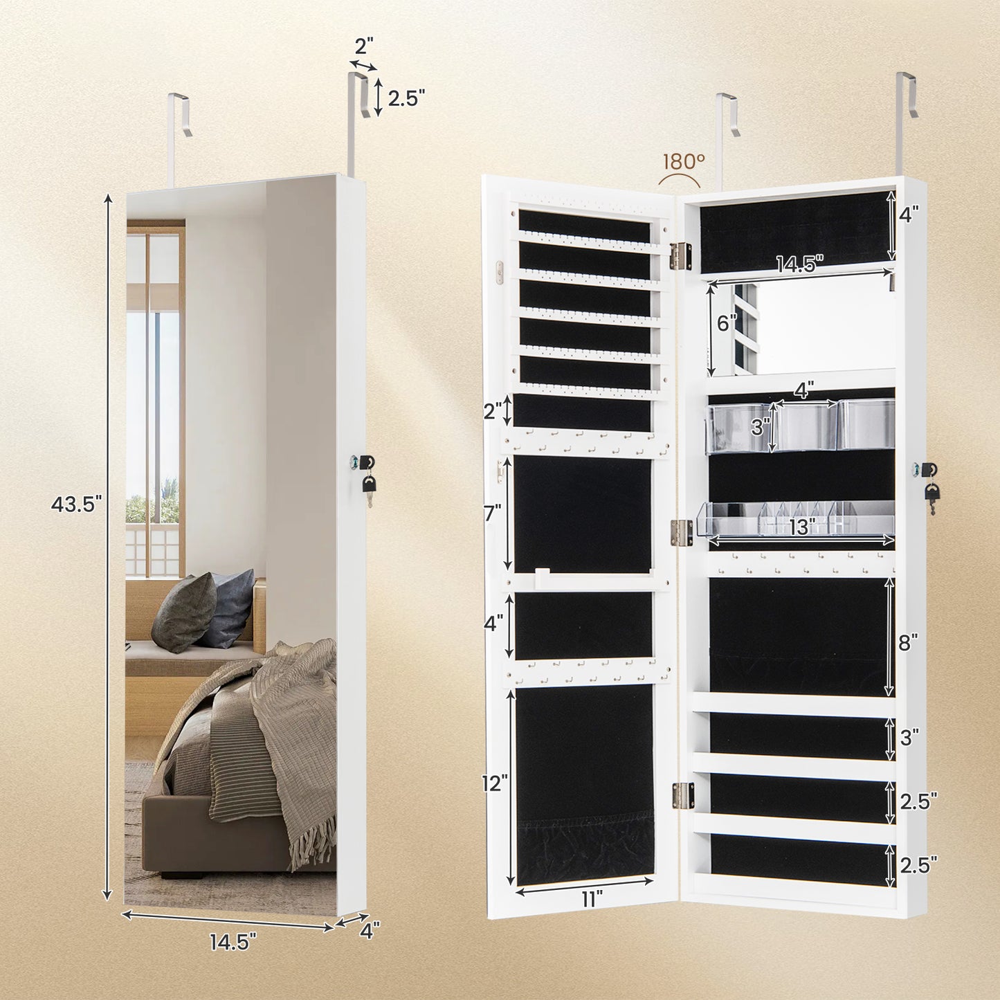 43.5 Inch Jewelry Mirror Cabinet, Full-Length Mirror, Adjustable Hangers, White Jewelry Armoires at Gallery Canada