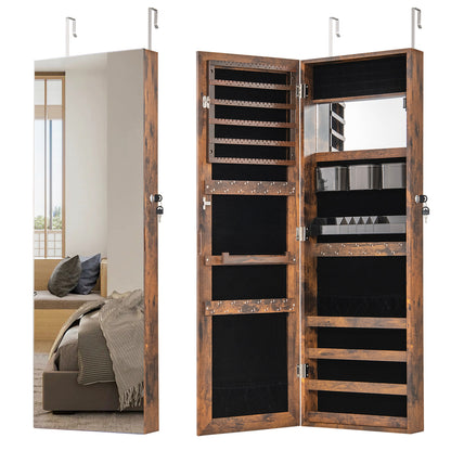 43.5 Inch Jewelry Mirror Cabinet, Full-Length Mirror, Adjustable Hangers, Rustic Brown Jewelry Armoires at Gallery Canada