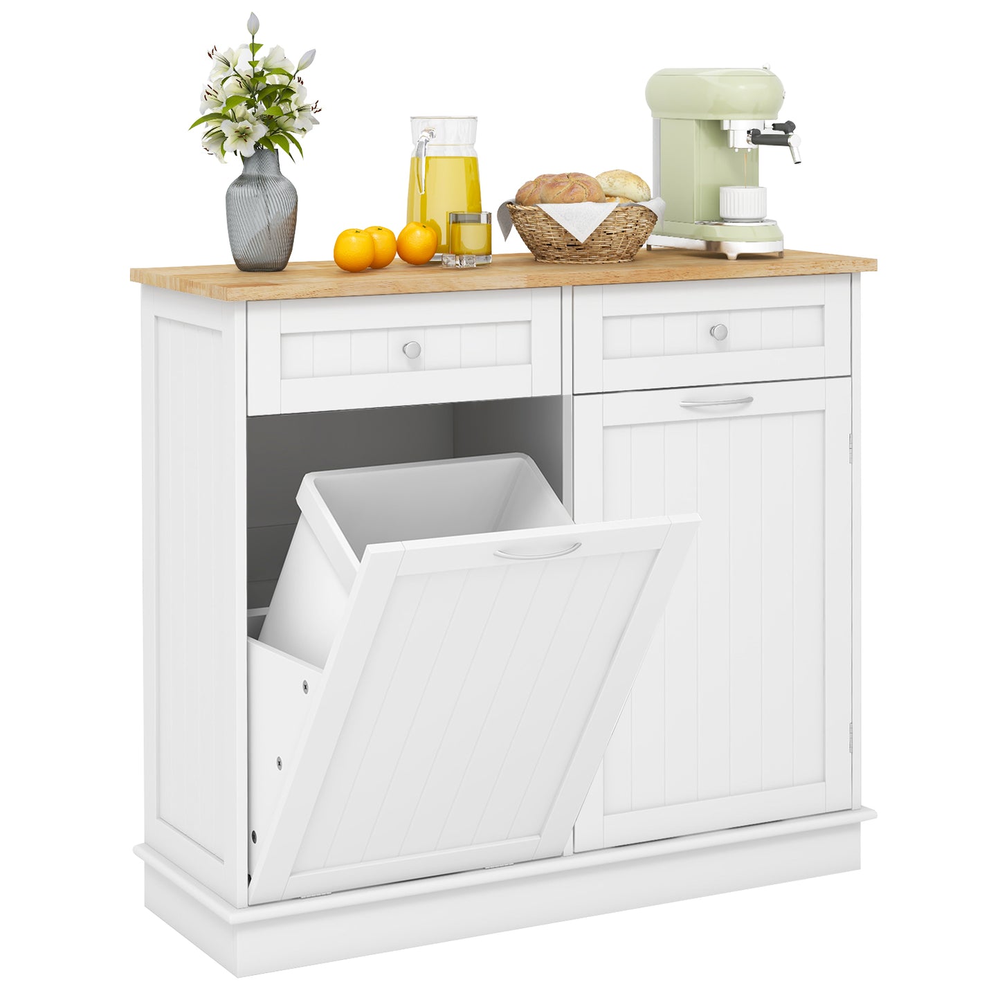 Rubber Wood Kitchen Trash Cabinet with Single Trash Can Holder and Adjustable Shelf, White Sideboards Cabinets & Buffets White at Gallery Canada