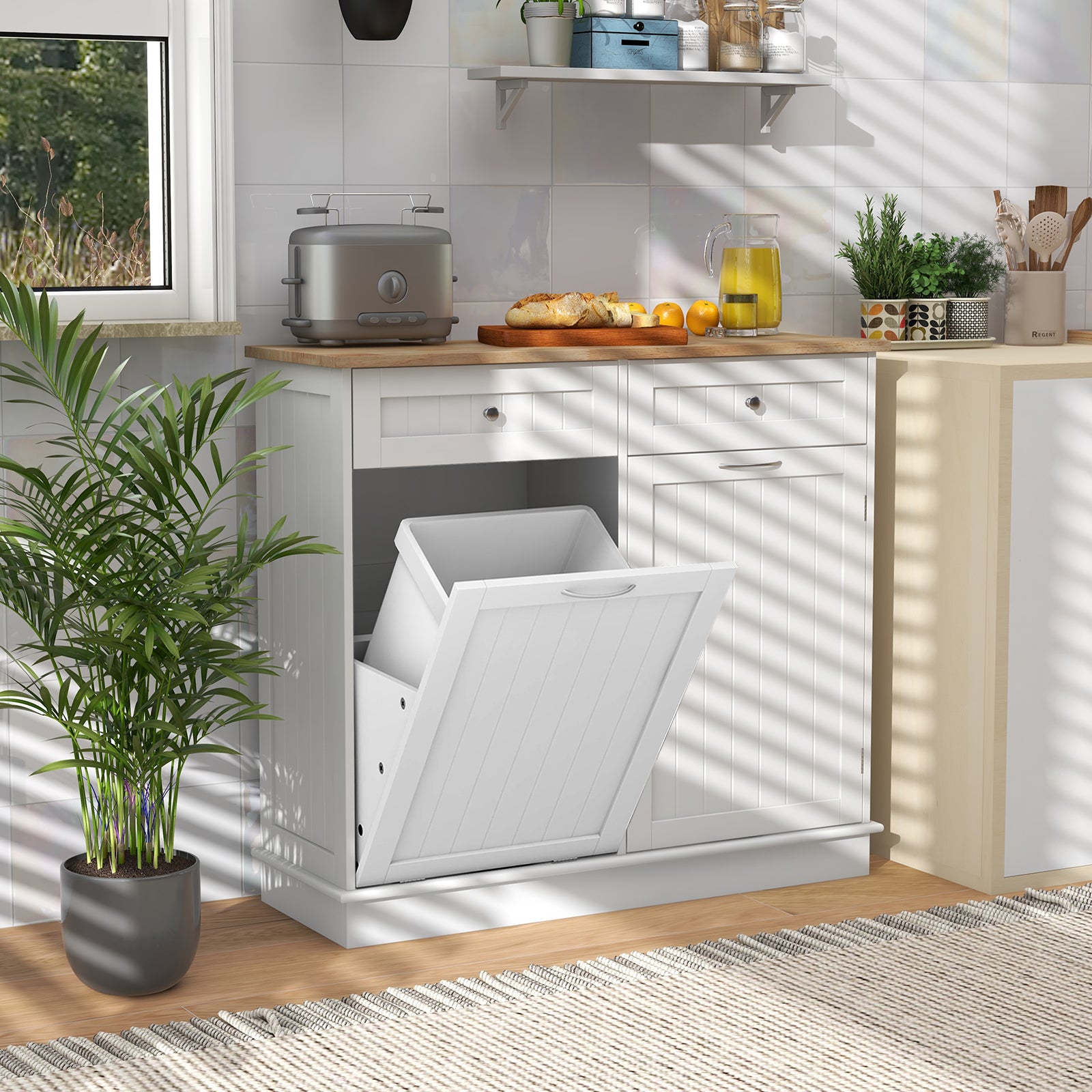 Rubber Wood Kitchen Trash Cabinet with Single Trash Can Holder and Adjustable Shelf, White Sideboards Cabinets & Buffets at Gallery Canada