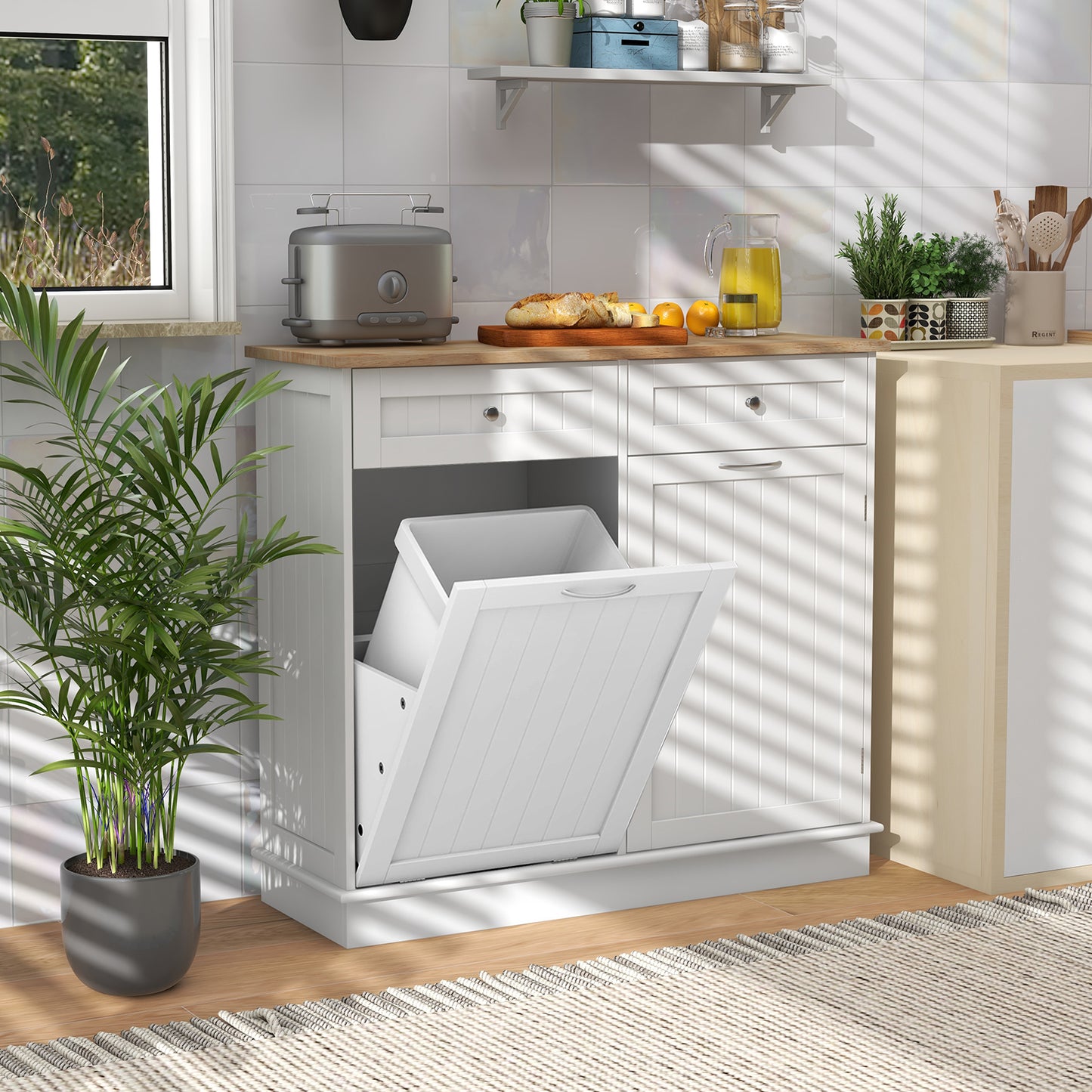 Rubber Wood Kitchen Trash Cabinet with Single Trash Can Holder and Adjustable Shelf, White Sideboards Cabinets & Buffets at Gallery Canada
