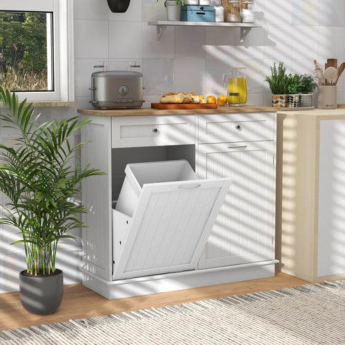 Rubber Wood Kitchen Trash Cabinet with Single Trash Can Holder and Adjustable Shelf, White
