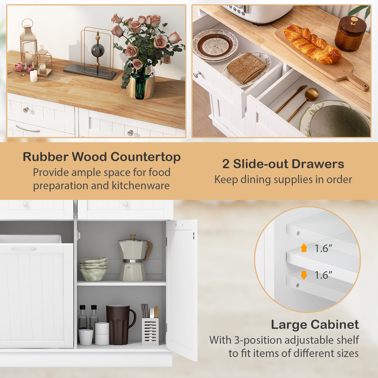 Rubber Wood Kitchen Trash Cabinet with Single Trash Can Holder and Adjustable Shelf, White Sideboards Cabinets & Buffets at Gallery Canada