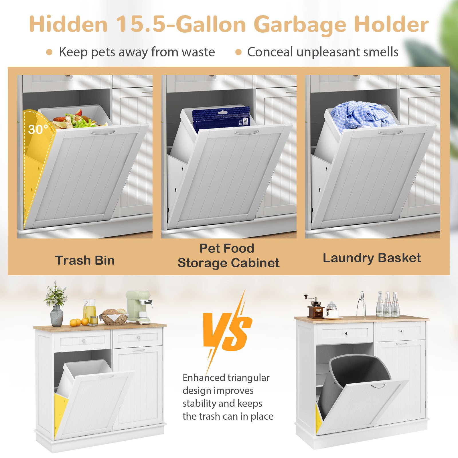 Rubber Wood Kitchen Trash Cabinet with Single Trash Can Holder and Adjustable Shelf, White Sideboards Cabinets & Buffets at Gallery Canada