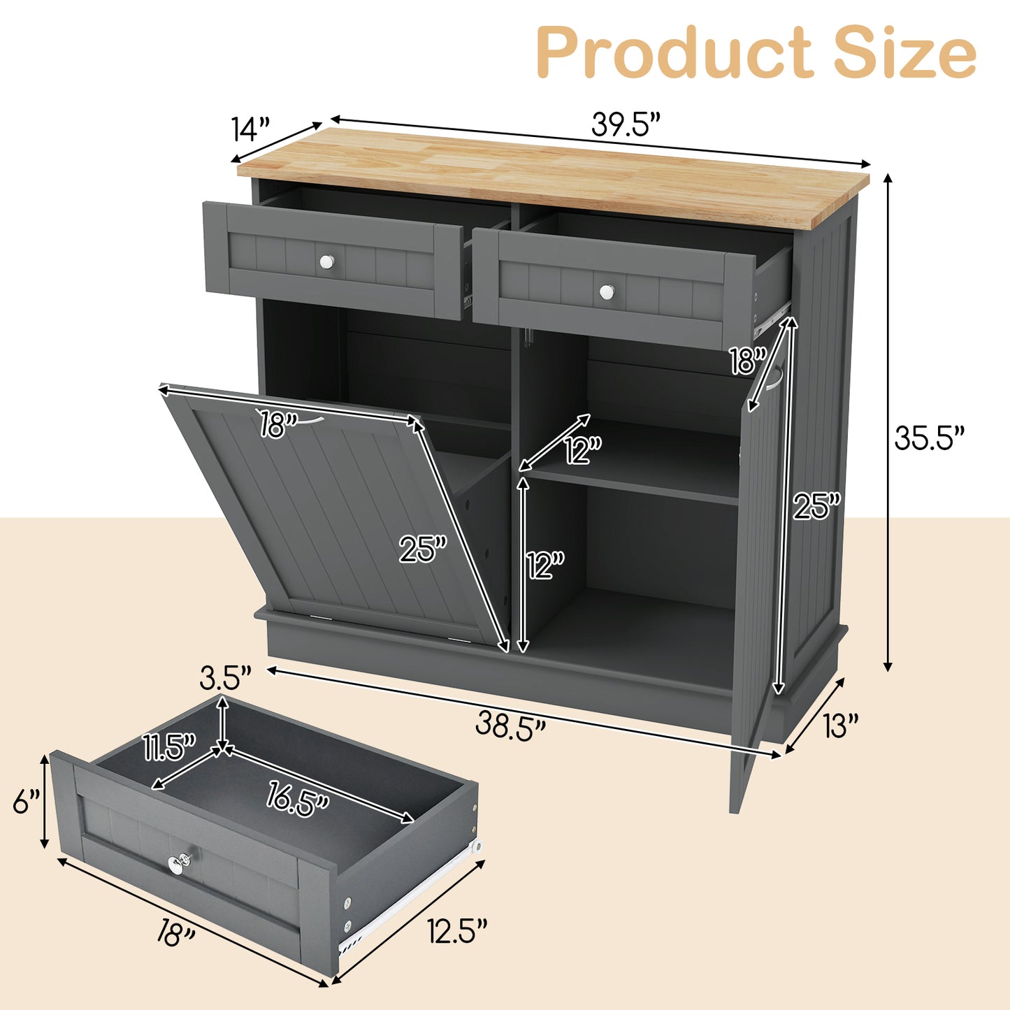 Rubber Wood Kitchen Trash Cabinet with Single Trash Can Holder and Adjustable Shelf, Gray Sideboards Cabinets & Buffets at Gallery Canada