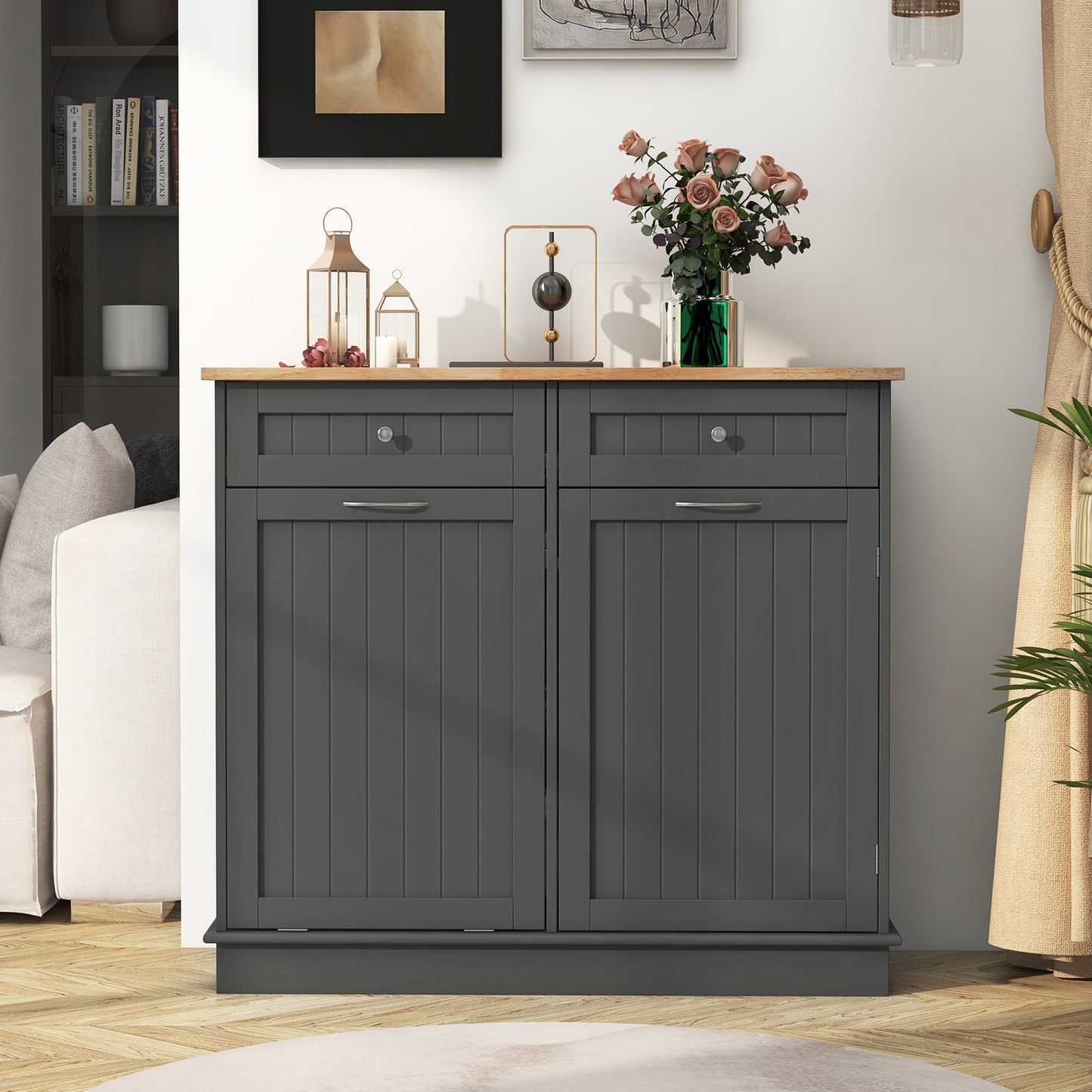 Rubber Wood Kitchen Trash Cabinet with Single Trash Can Holder and Adjustable Shelf, Gray Sideboards Cabinets & Buffets at Gallery Canada