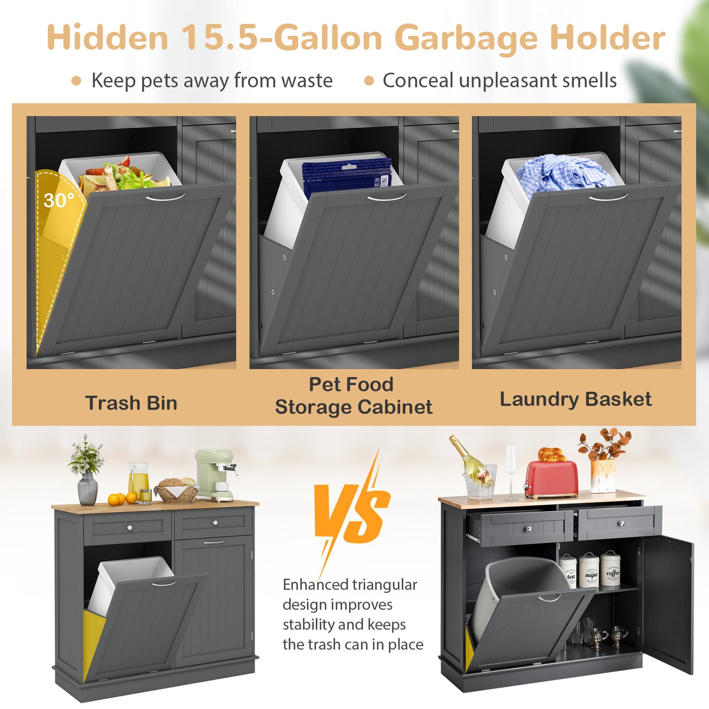 Rubber Wood Kitchen Trash Cabinet with Single Trash Can Holder and Adjustable Shelf, Gray Sideboards Cabinets & Buffets at Gallery Canada