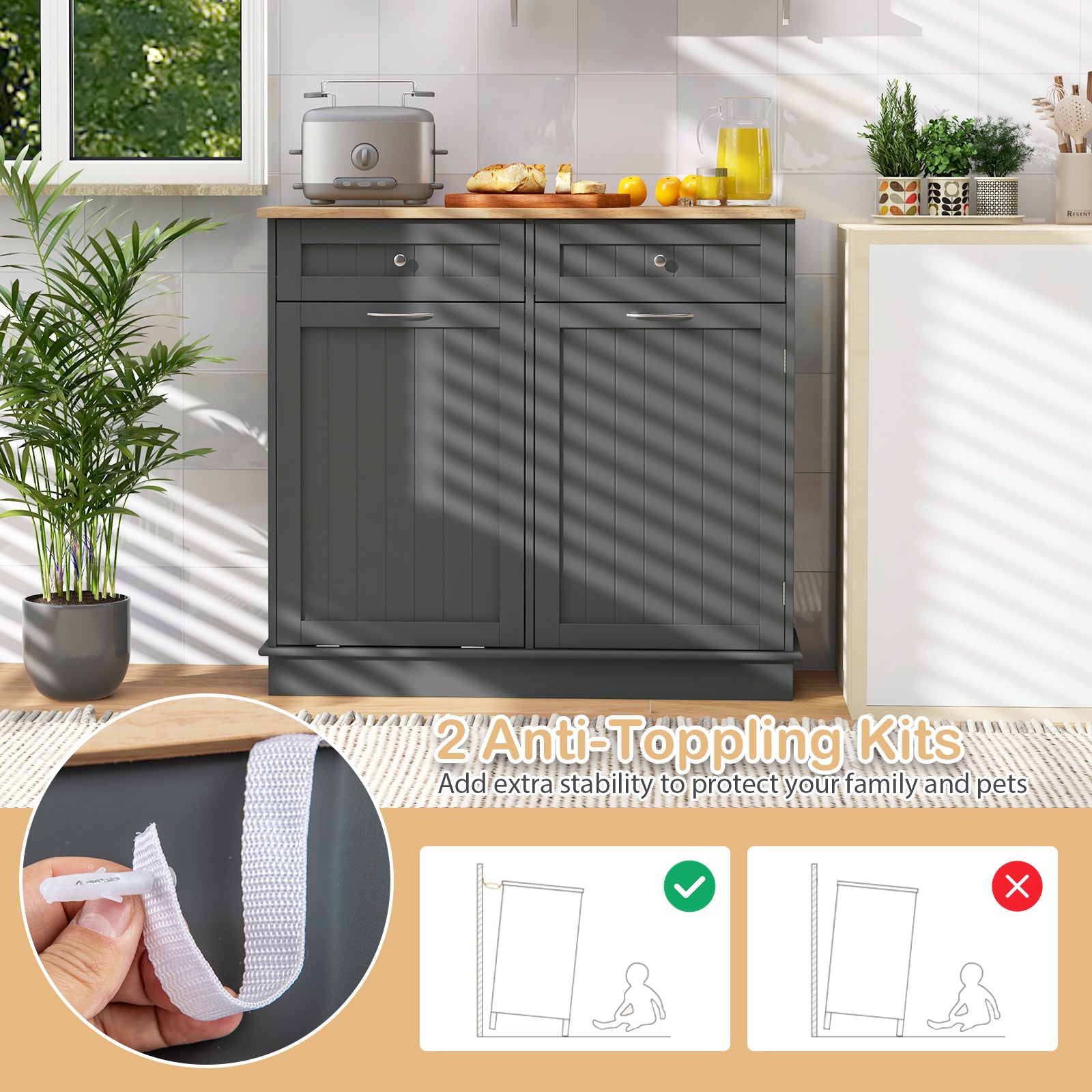 Rubber Wood Kitchen Trash Cabinet with Single Trash Can Holder and Adjustable Shelf, Gray Sideboards Cabinets & Buffets at Gallery Canada