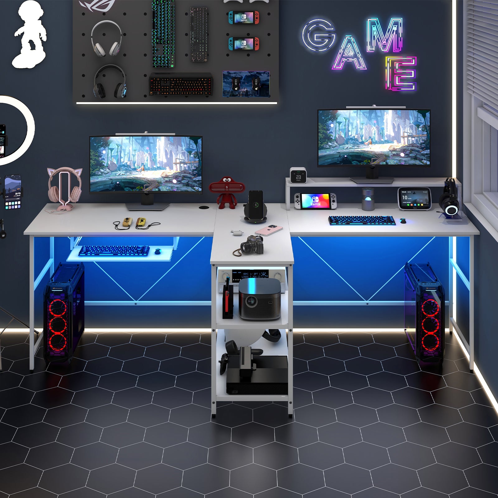 2-Person Reversible Computer Desk Long Office Desk with LED Lights, White Computer Desks at Gallery Canada