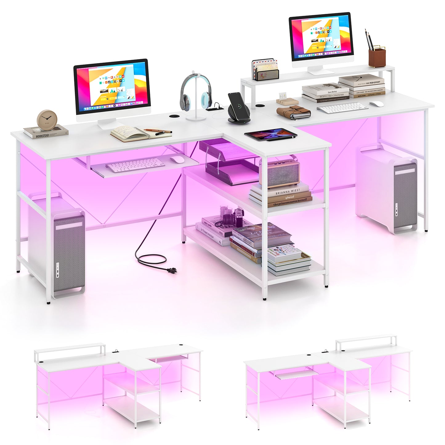 2-Person Reversible Computer Desk Long Office Desk with LED Lights, White Computer Desks White at Gallery Canada