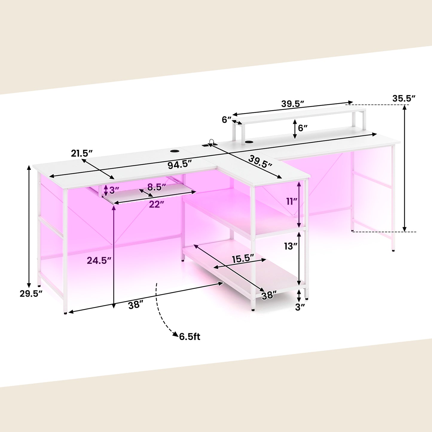 2-Person Reversible Computer Desk Long Office Desk with LED Lights, White Computer Desks at Gallery Canada