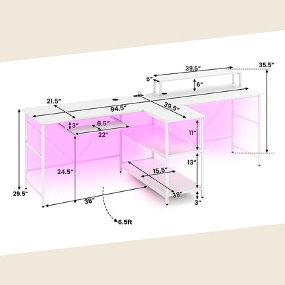 2-Person Reversible Computer Desk Long Office Desk with LED Lights, White Computer Desks at Gallery Canada