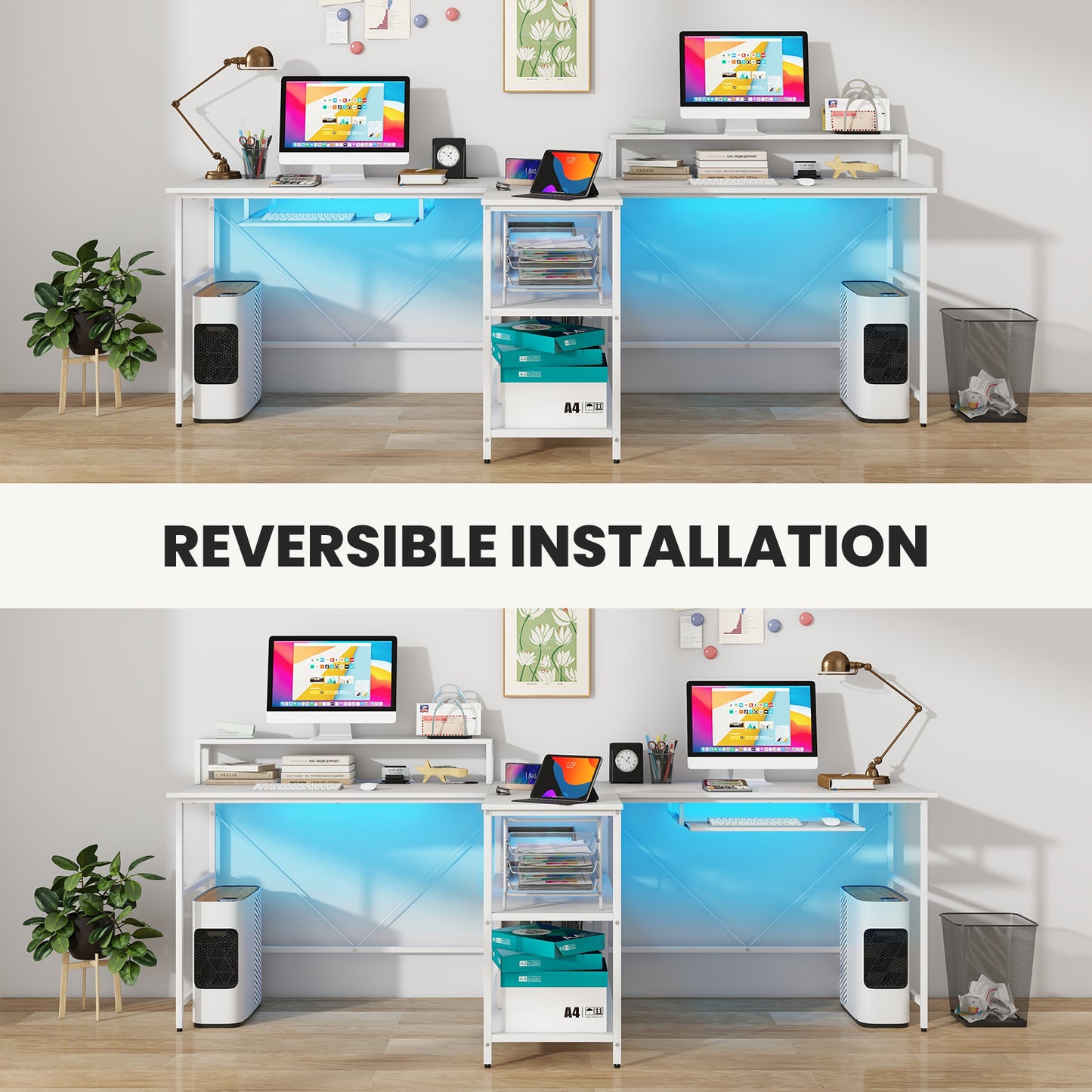 2-Person Reversible Computer Desk Long Office Desk with LED Lights, White Computer Desks at Gallery Canada