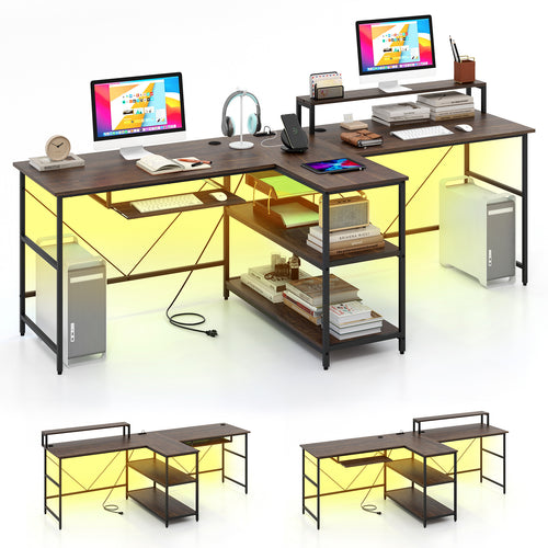 2-Person Reversible Computer Desk Long Office Desk with LED Lights, Walnut