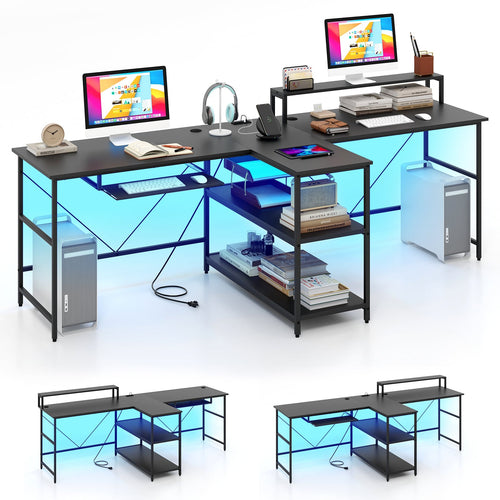 2-Person Reversible Computer Desk, Long Office Desk With LED Lights, Black