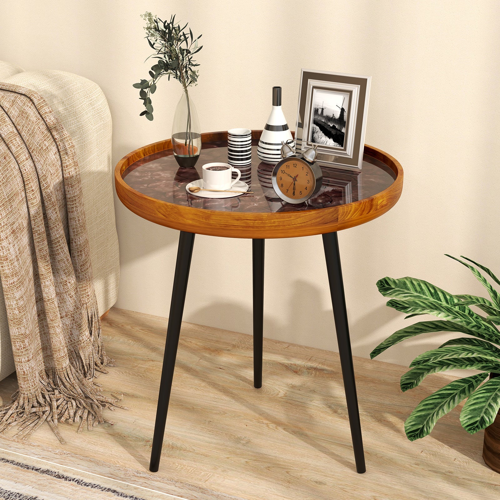 20 Inch Round End Table with Sea Shell Decoration and Epoxy Resin Finish, Brown End & Side Tables at Gallery Canada