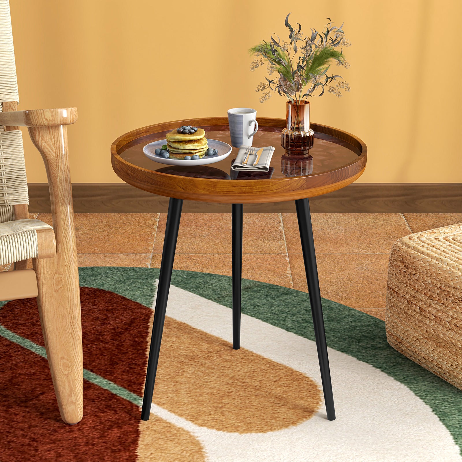 20 Inch Round End Table with Sea Shell Decoration and Epoxy Resin Finish, Brown End & Side Tables at Gallery Canada