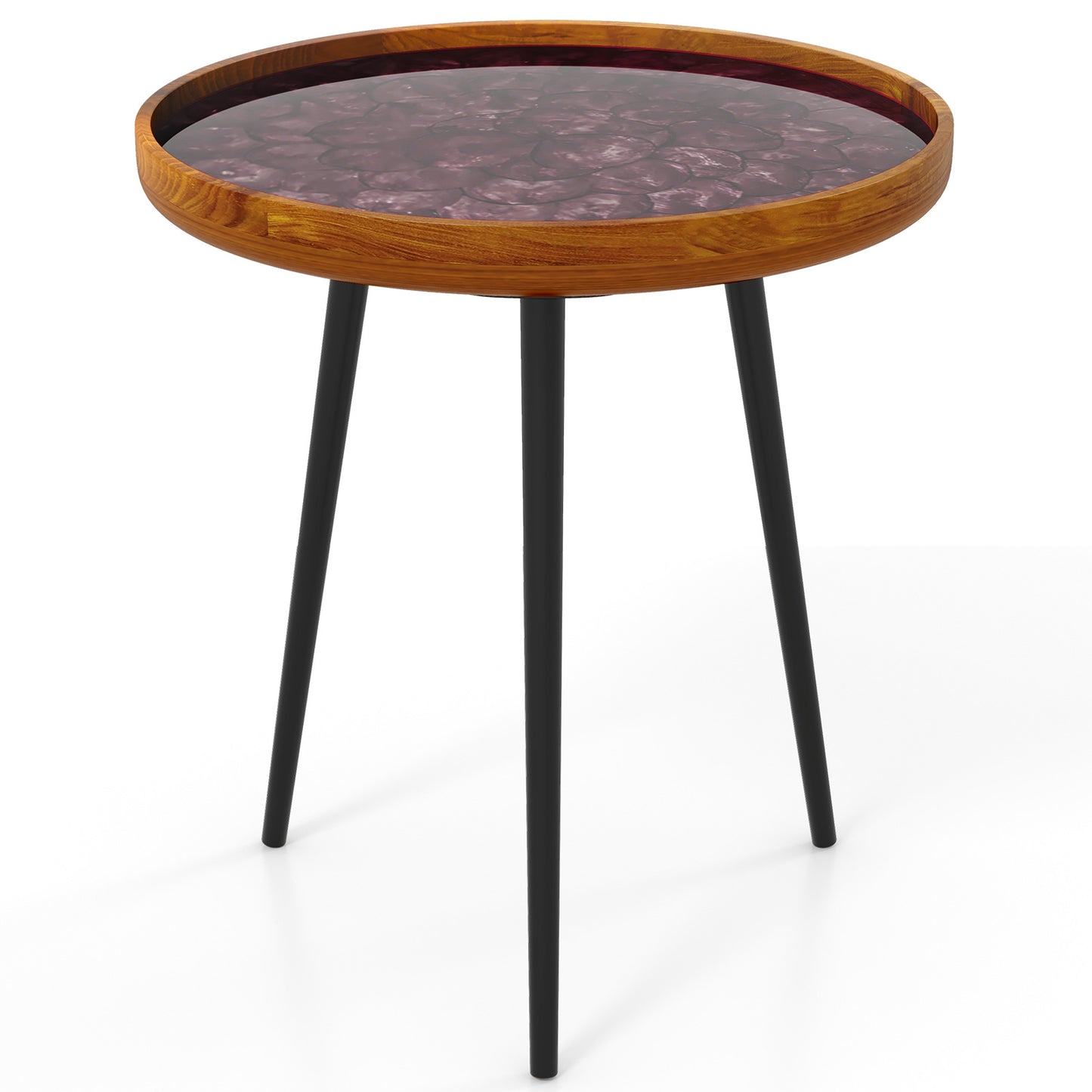 20 Inch Round End Table with Sea Shell Decoration and Epoxy Resin Finish, Brown End & Side Tables Brown at Gallery Canada